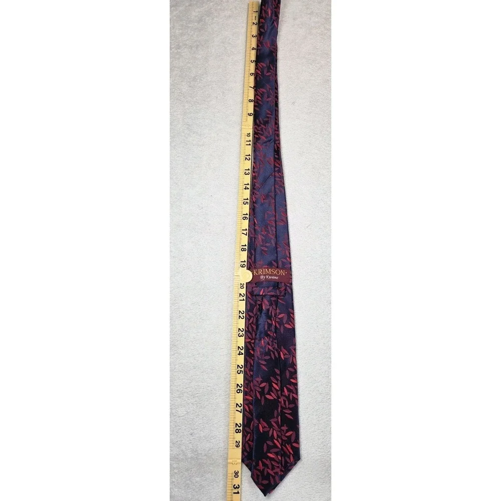 Krimson By Kwame Silk Tie Red Navy Floral Leaf Pattern Mens Necktie Modern 3